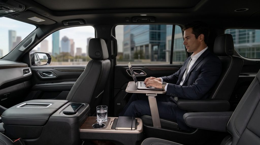 Luxury GMC Denali interior with executive laptop use in Houston black car svc!!!