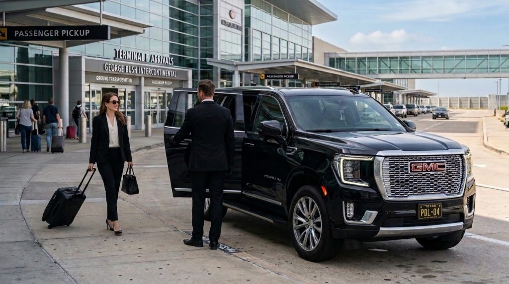 Chauffeur greeting executive at IAH beside GMC Yukon Denali XL airport transfer