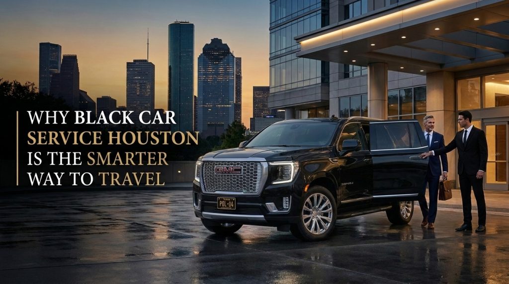 Black car service Houston with GMC SUV and chauffeur for executive travel needs.