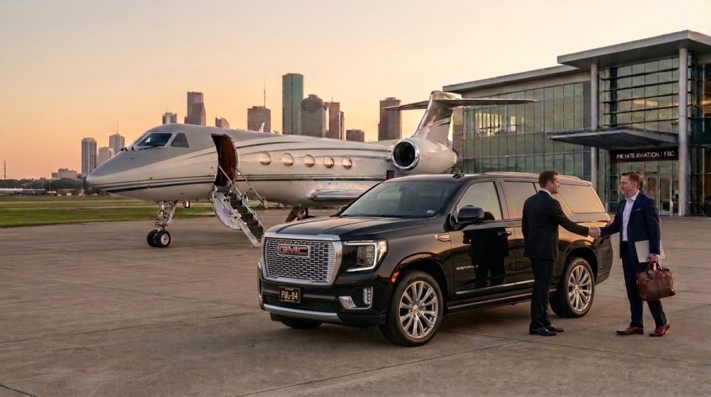 Private aviation airport transfer with GMC SUV chauffeur & Houston skyline view.