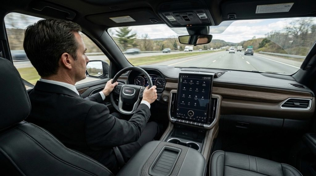 Professional chauffeur driving GMC Yukon Denali XL for safe executive travel now