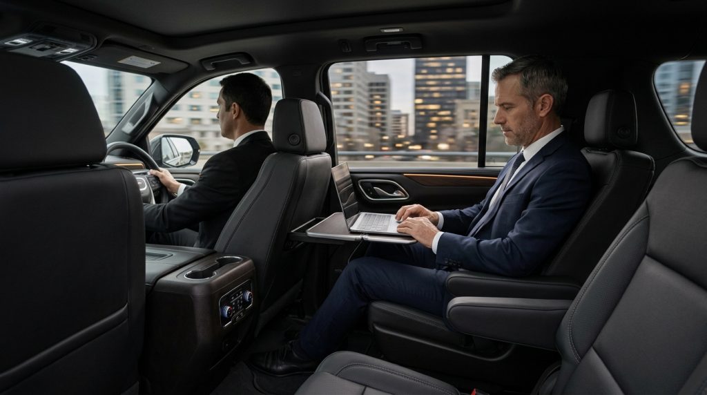 Executive working in luxury chauffeur SUV cabin during travel