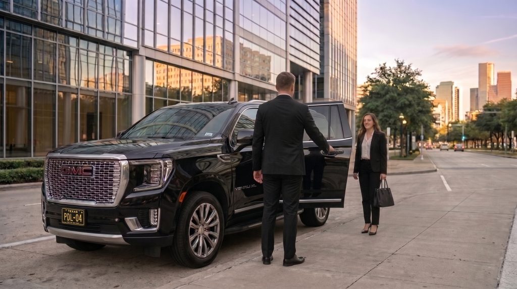 Professional chauffeur welcoming an executive beside a GMC Yukon Denali XL