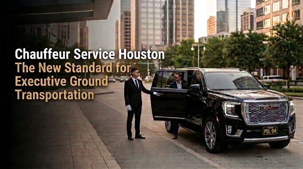 Luxury chauffeur service Houston executive transportation with black SUV and professional chauffeur.