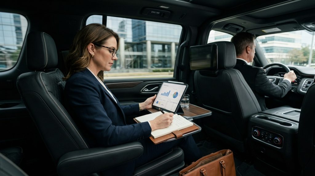 Woman reviewing business charts on tablet inside Elite Transportation SUV interior 