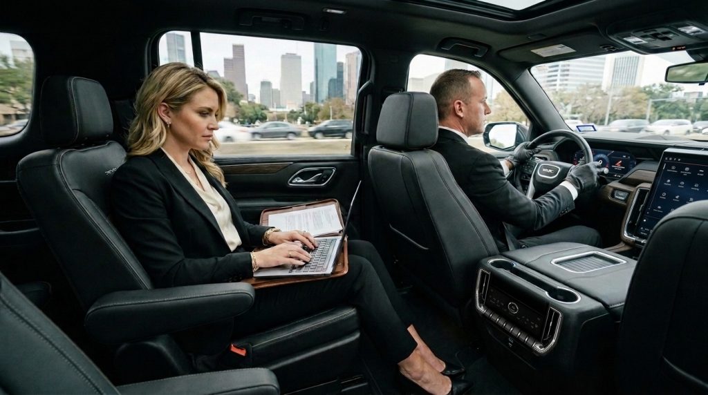 Executive working inside GMC Yukon Denali XL during chauffeur-driven business trip
