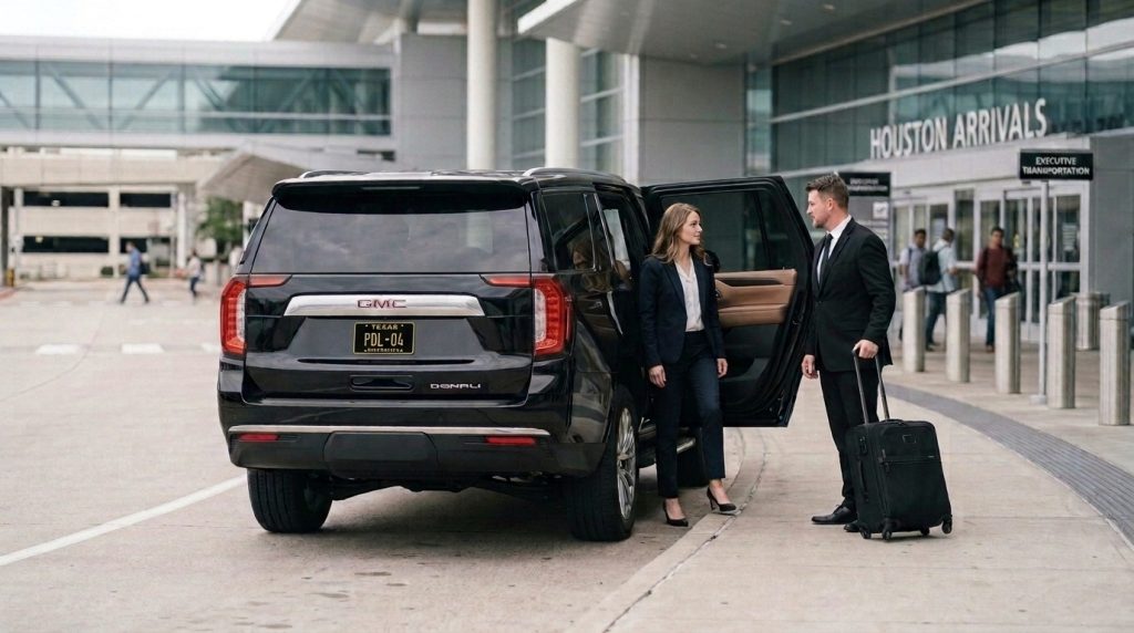 Chauffeur assists businesswoman with luggage at Houston Airport arrivals curbside