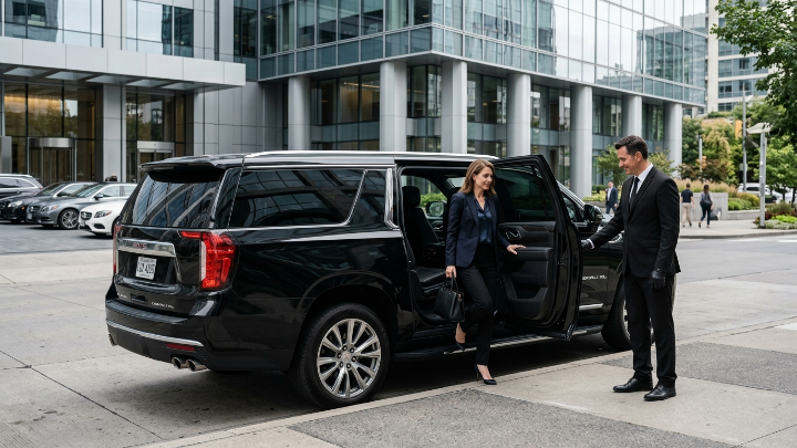 White male chauffeur opening the rear passenger door of a GMC Yukon Denali XL for a female executive client
