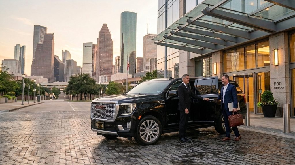 Professional chauffeur opening GMC SUV door showing premium Houston car service.
