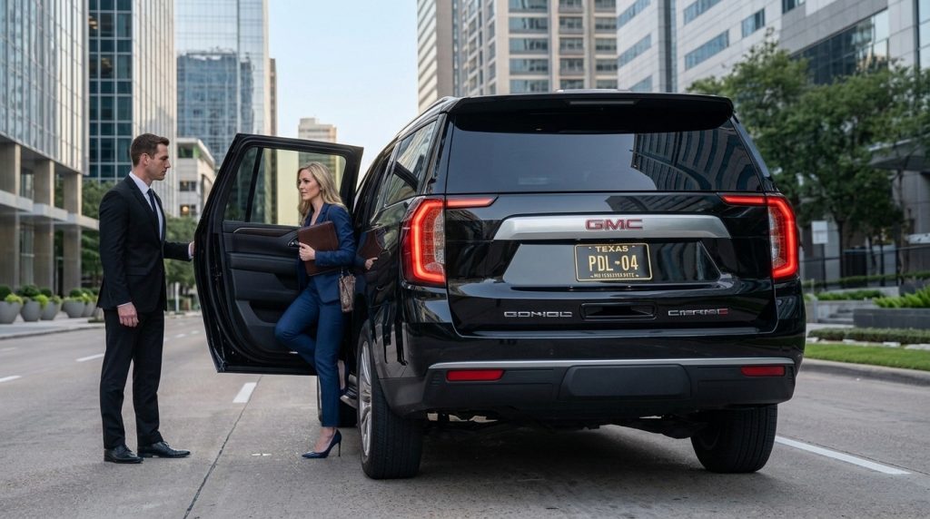 Chauffeur opens door for businesswoman exiting Elite Transportation SUV downtown