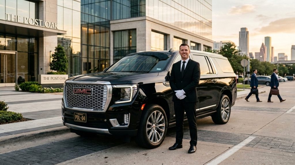 Professional chauffeur beside GMC Yukon Denali XL outside Houston office building