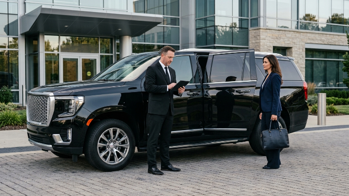 Chauffeur planning a long distance trip beside a GMC Yukon Denali XL with an open rear passenger door for an executive client
