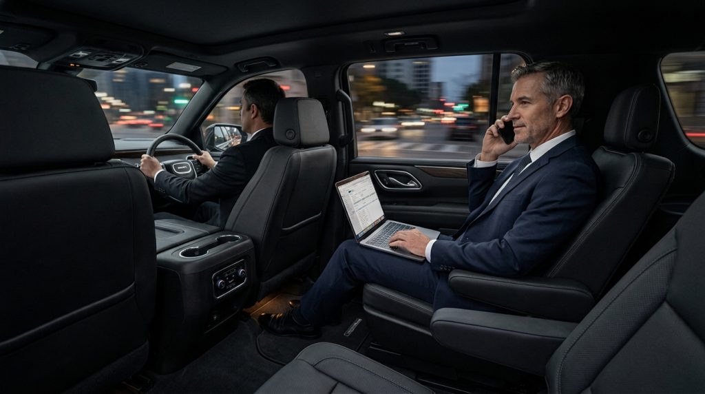 Executive using a private chauffeur SUV cabin for confidential travel