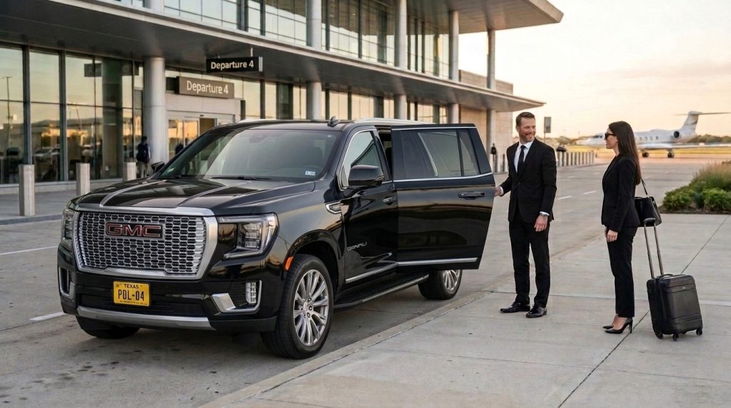 Private chauffeur service Houston GMC Yukon Denali picking up executive client