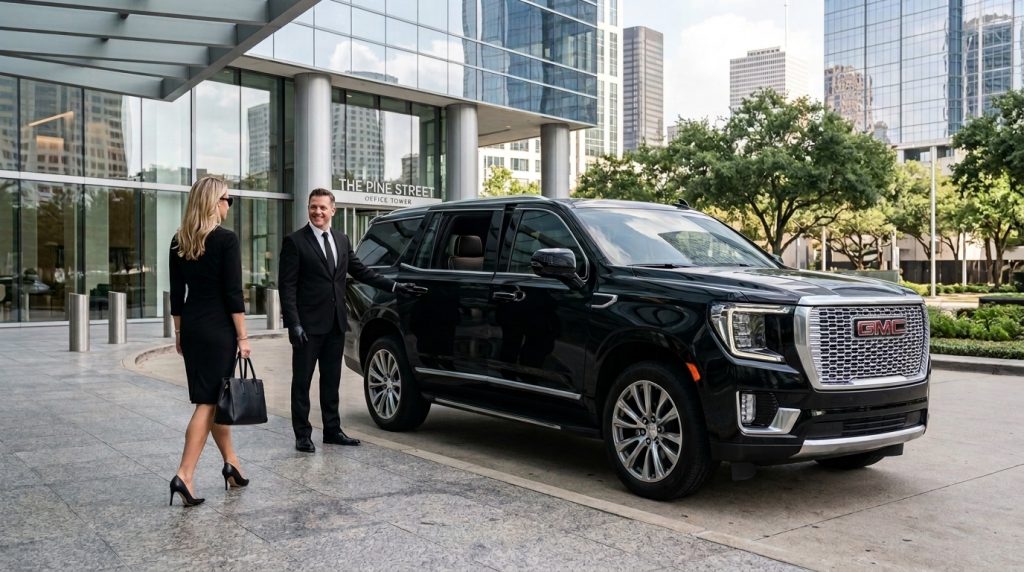 Private chauffeur service Houston executive pickup at downtown office tower