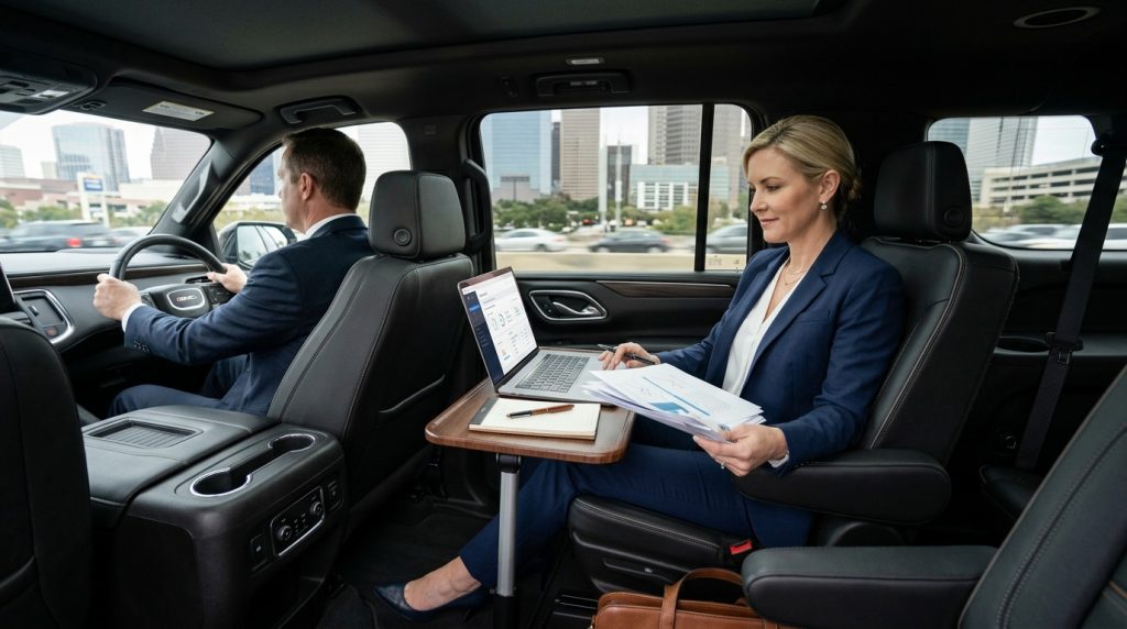 Private chauffeur service Houston mobile office workspace inside vehicle